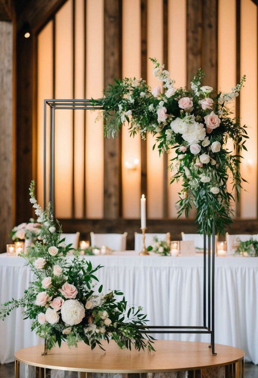 A geometric metal frame adorned with blooming florals stands as a wedding altar centerpiece