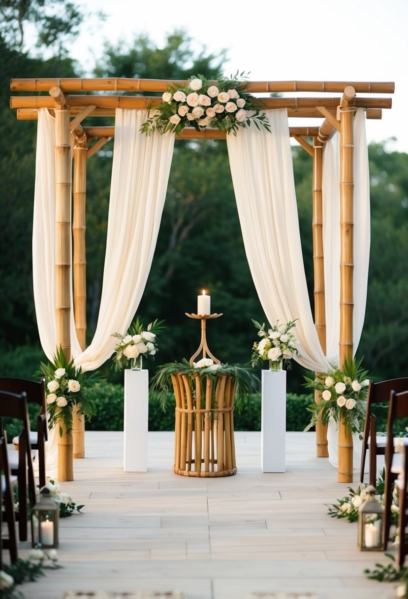 A bamboo altar adorned with draped fabric, creating a serene and elegant wedding setting