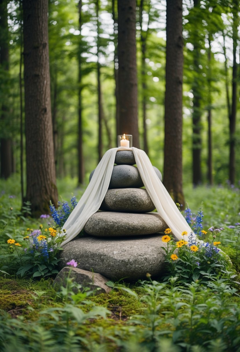 A natural stone altar nestled in a lush forest clearing, adorned with wildflowers and draped with flowing fabric