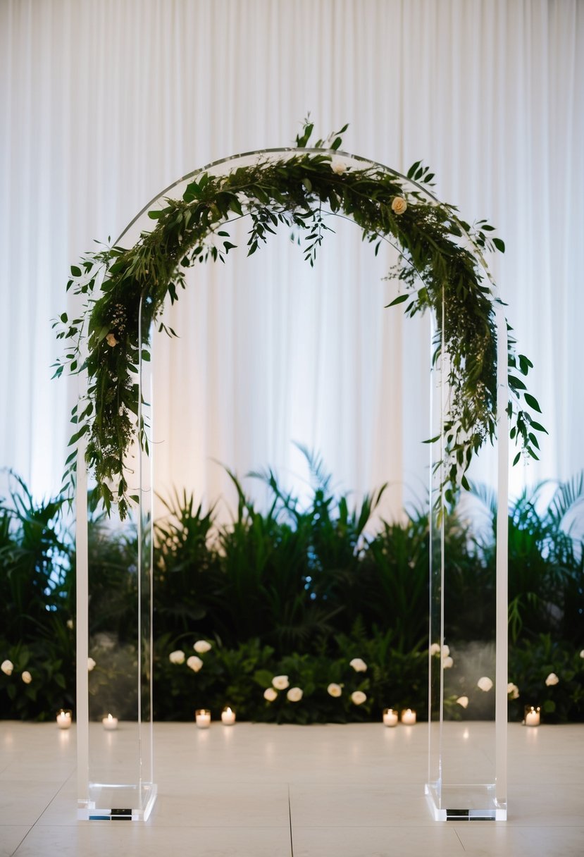 A simple, modern arch made of clear acrylic stands against a backdrop of greenery and soft lighting, creating a minimalist wedding altar