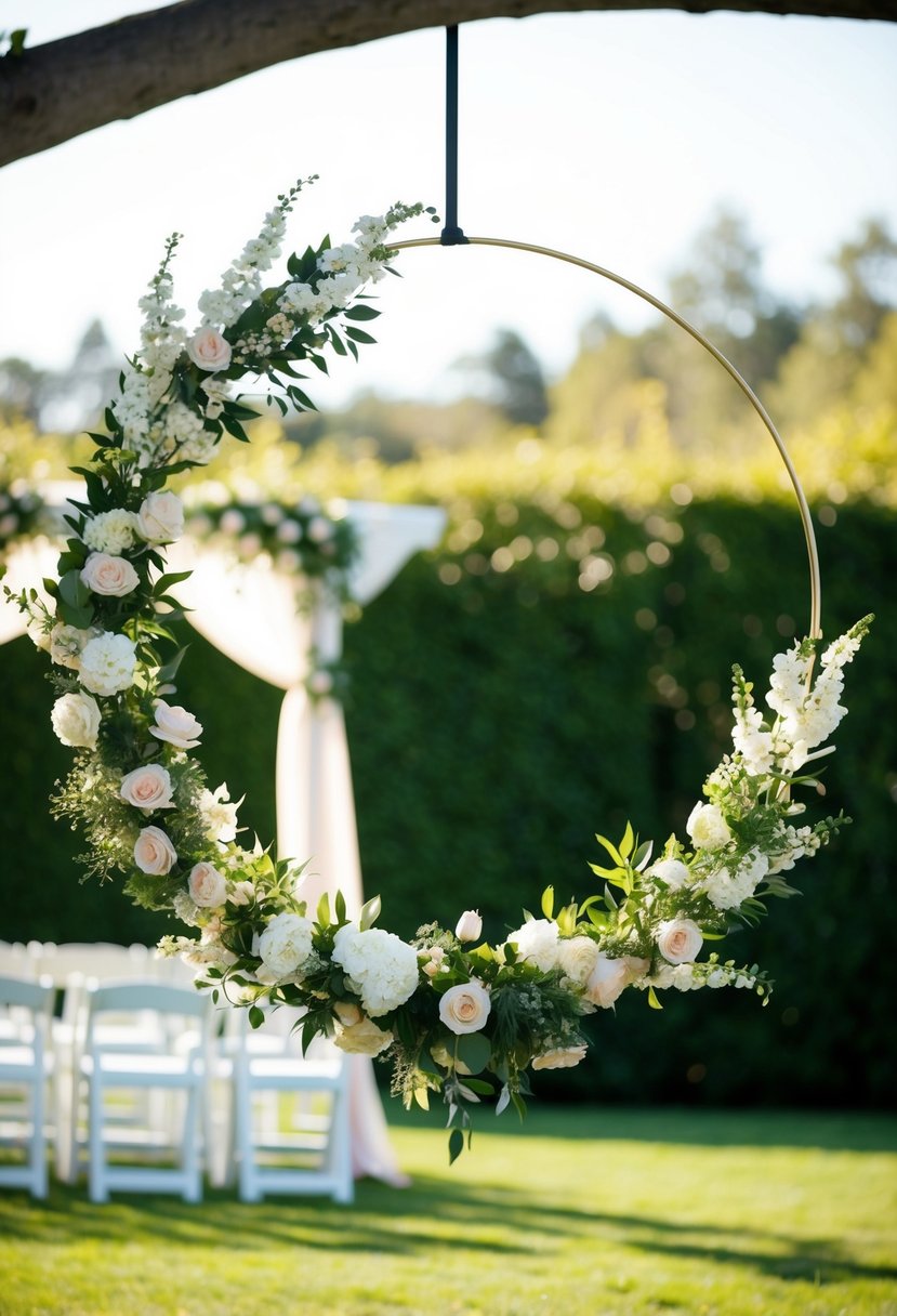 A circular floral hoop suspended above an outdoor wedding altar, adorned with lush greenery and delicate blossoms