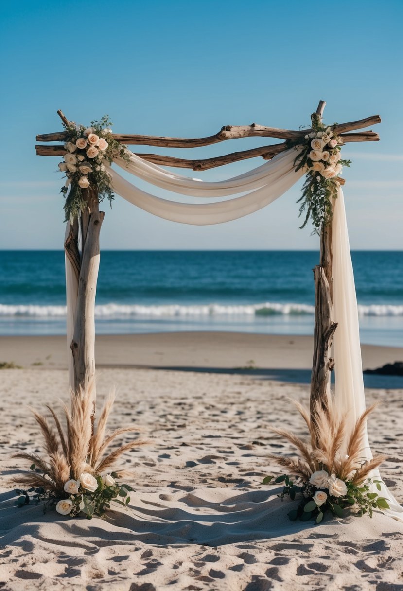 A driftwood altar stands on a sandy beach, adorned with flowers and draped fabric, overlooking the ocean under a clear blue sky