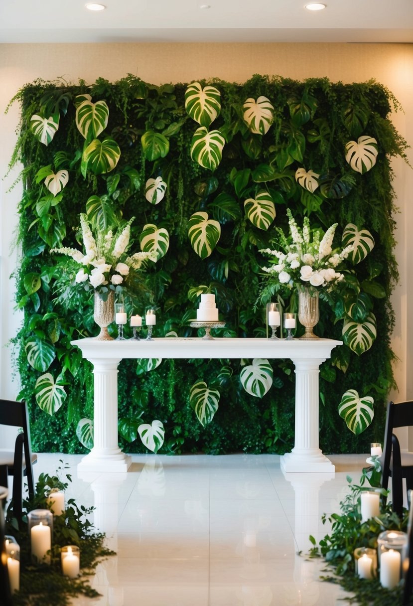 A lush, green living plant wall serves as a stunning backdrop for a wedding altar, creating a natural and serene atmosphere