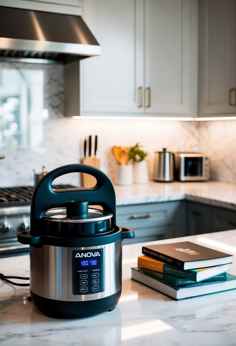 A sleek, modern kitchen with a marble countertop and stainless steel appliances. An Anova Sous Vide Precision Cooker sits on the counter next to a stack of recipe books