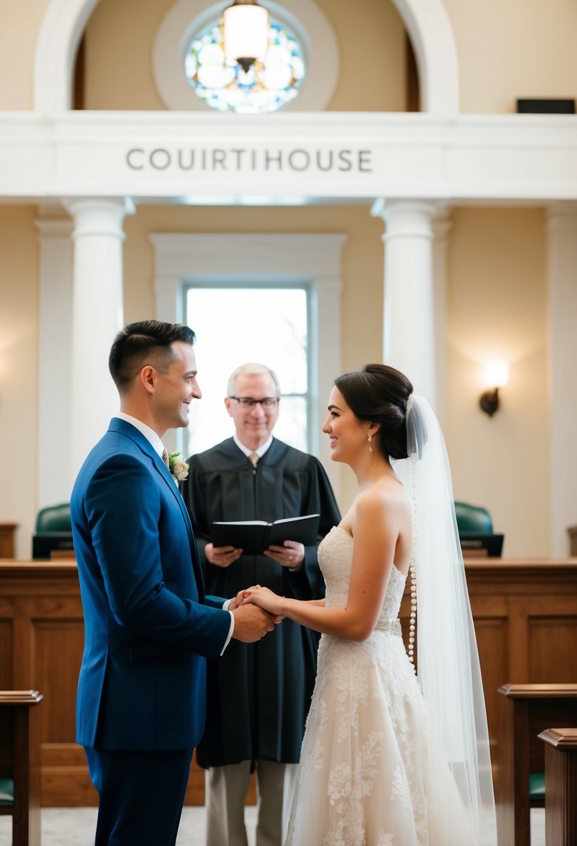 A couple exchanging vows in front of a judge at a simple, elegant courthouse wedding ceremony