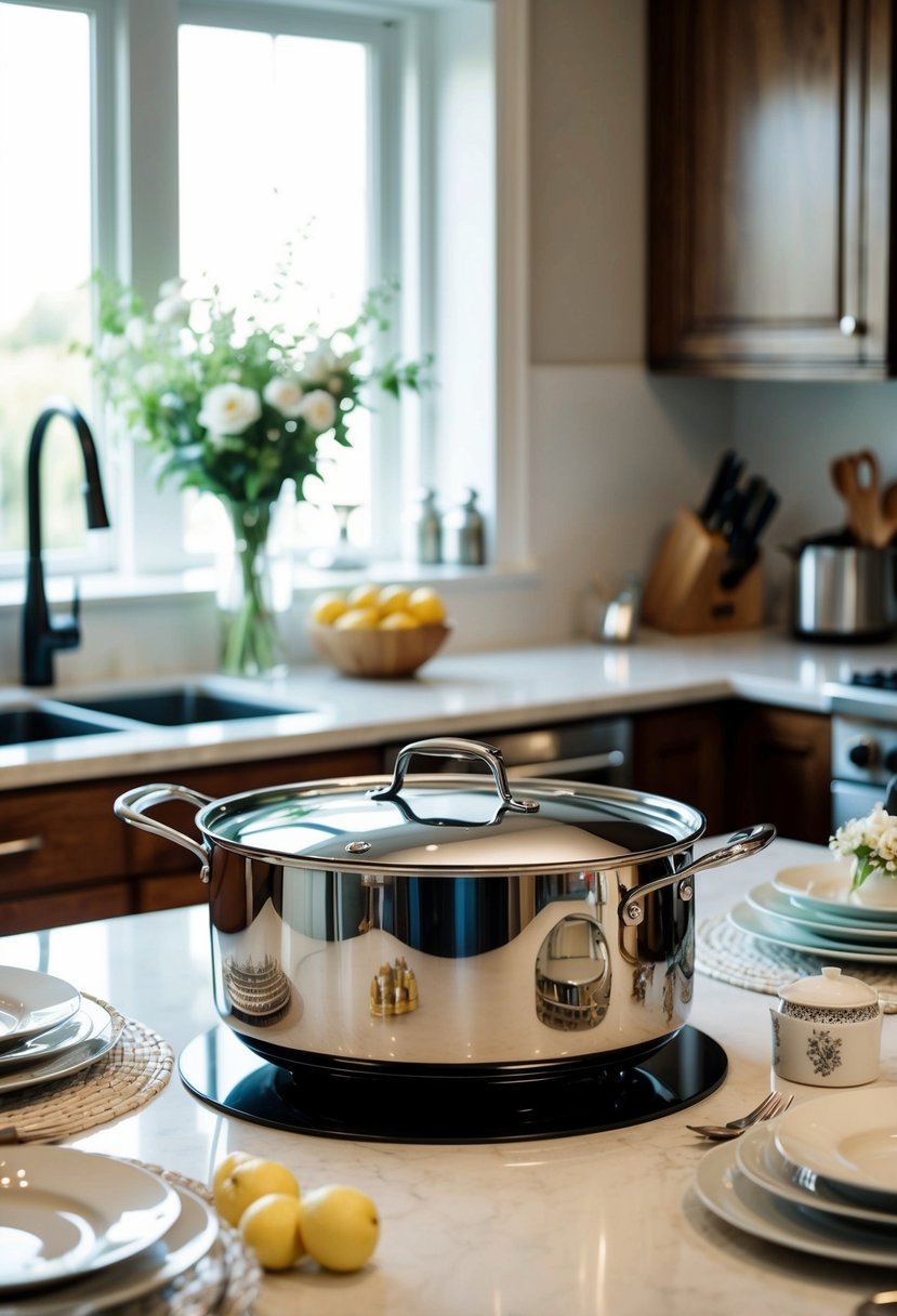 A gleaming stainless steel roasting pan sits on a kitchen counter surrounded by elegant kitchenware and wedding registry items