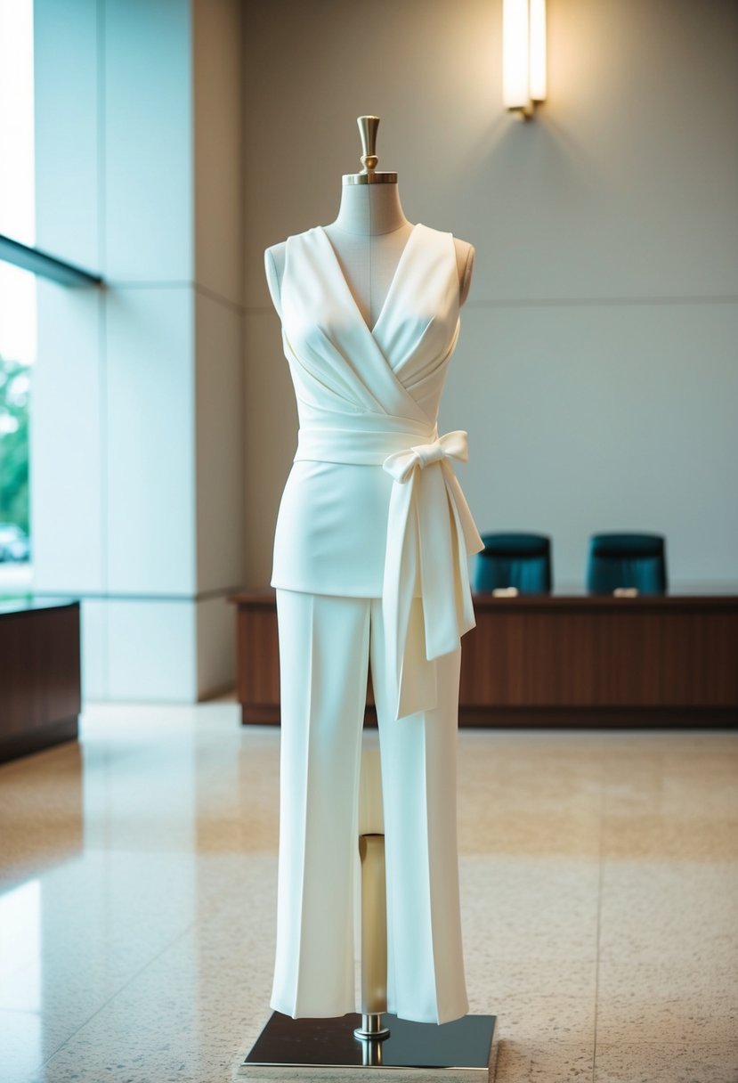 A sleek bridal pantsuit or elegant wrap dress displayed in a minimalist courthouse setting