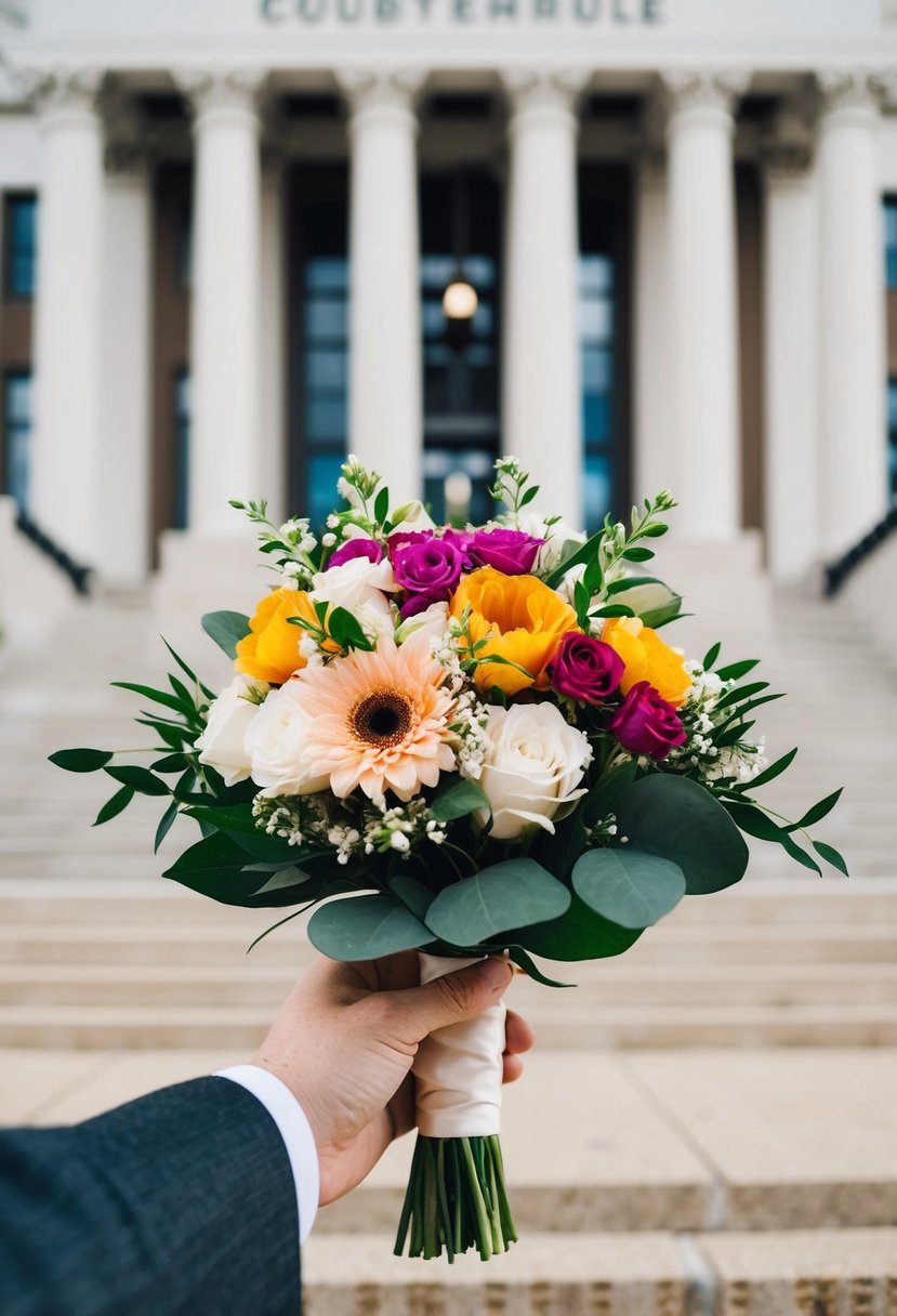 A hand holding a bouquet of personalized flowers with a matching boutonniere, set against the backdrop of a courthouse