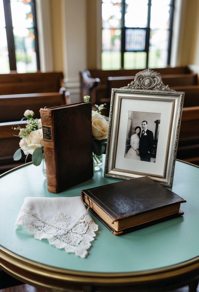 Family heirlooms displayed on a vintage table at a small courthouse wedding, including a delicate lace handkerchief, a worn leather-bound journal, and a faded black-and-white photograph in a silver frame