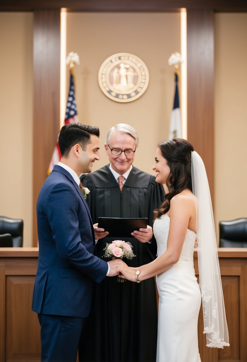 A couple standing before a judge, exchanging vows with a small bouquet and a simple ring