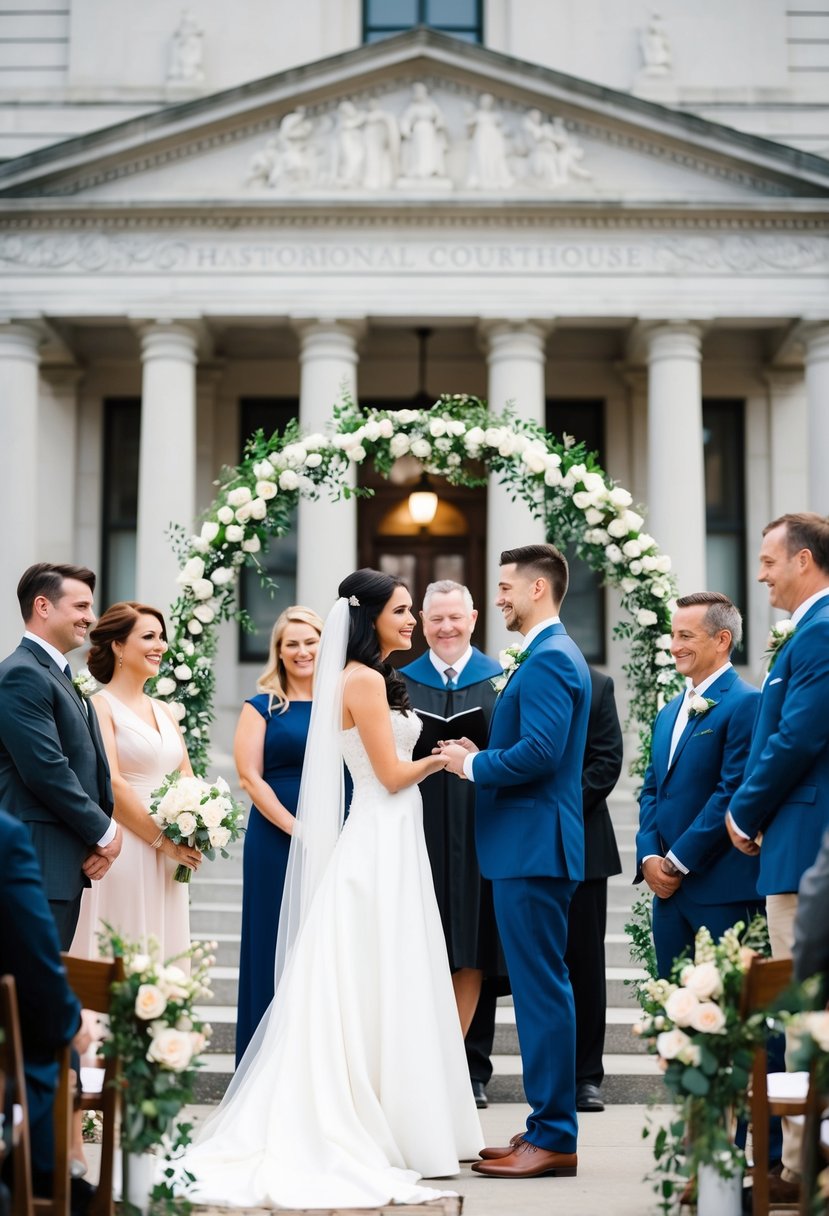 A couple exchanging vows in front of a historic courthouse, surrounded by family and friends, with a beautiful arch and floral decorations