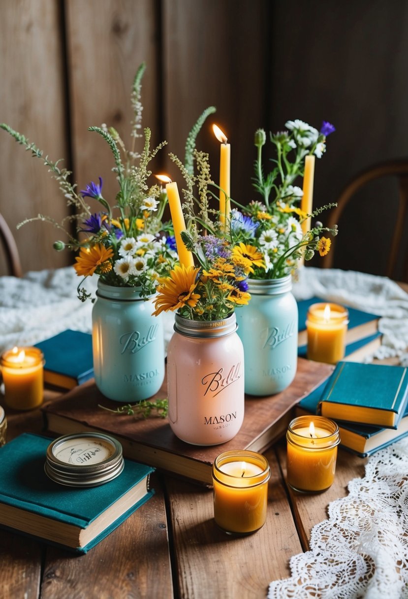 A wooden table adorned with mason jar vases, wildflowers, and candles, surrounded by vintage books and lace fabric