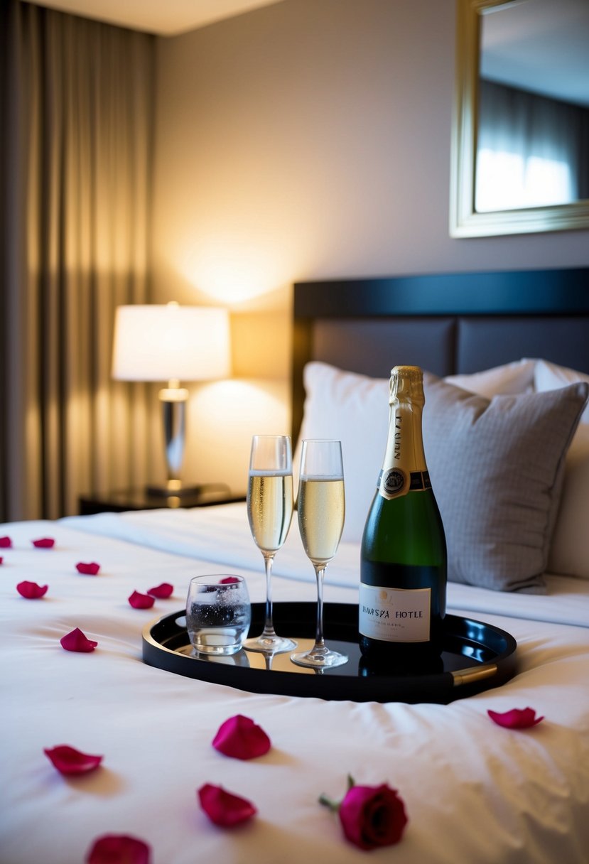 A cozy hotel room with soft, dim lighting, rose petals scattered on the bed, and champagne on ice