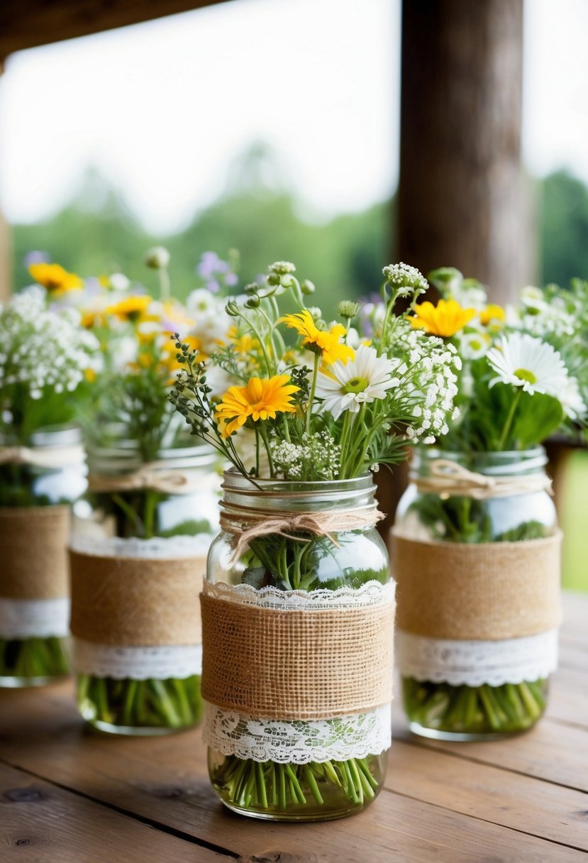 Mason jars wrapped in burlap and lace, filled with wildflowers, set on a wooden table for a rustic wedding centerpiece