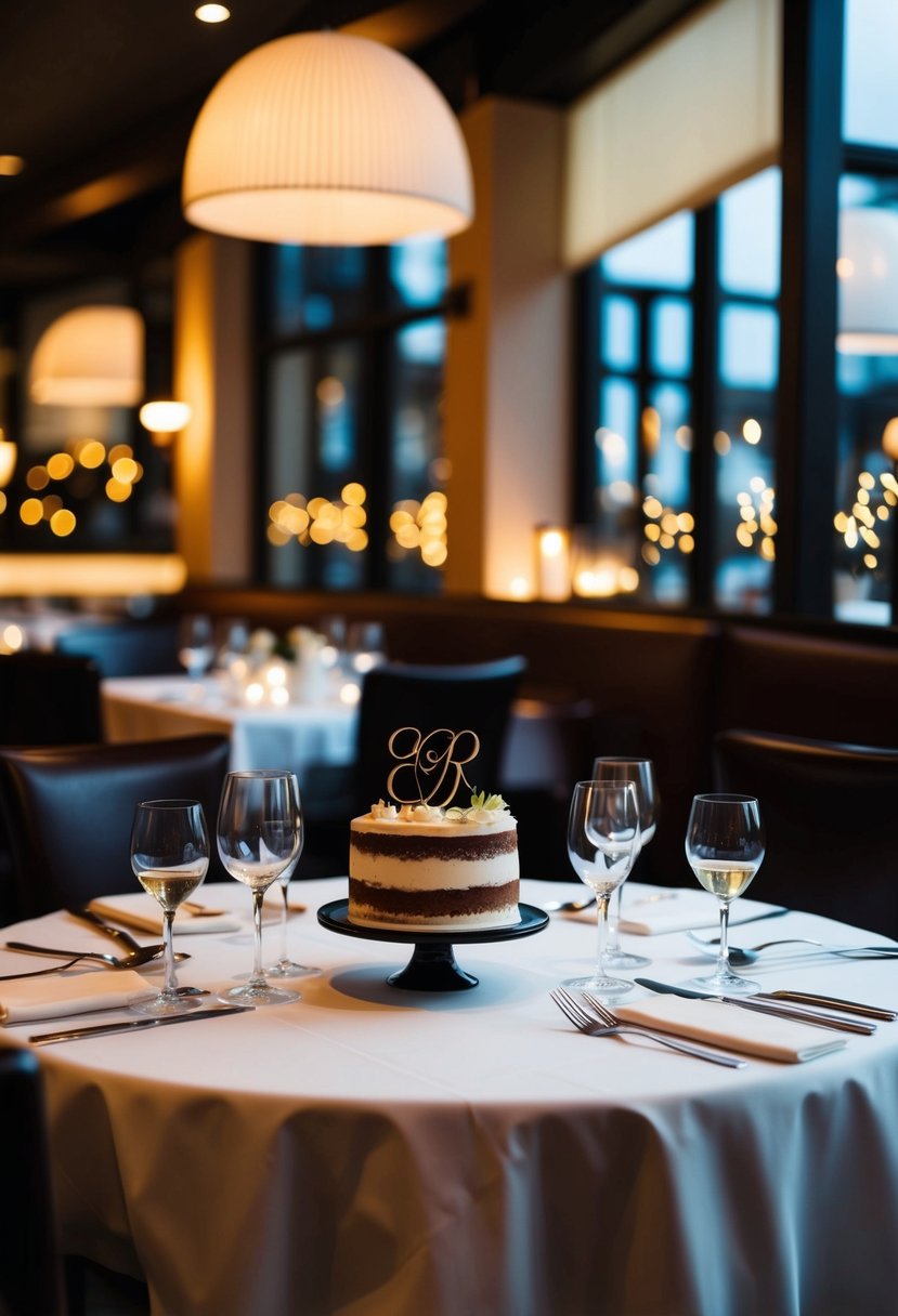 A cozy restaurant with dim lighting and elegant table settings, a small wedding cake on the table, and a celebratory atmosphere