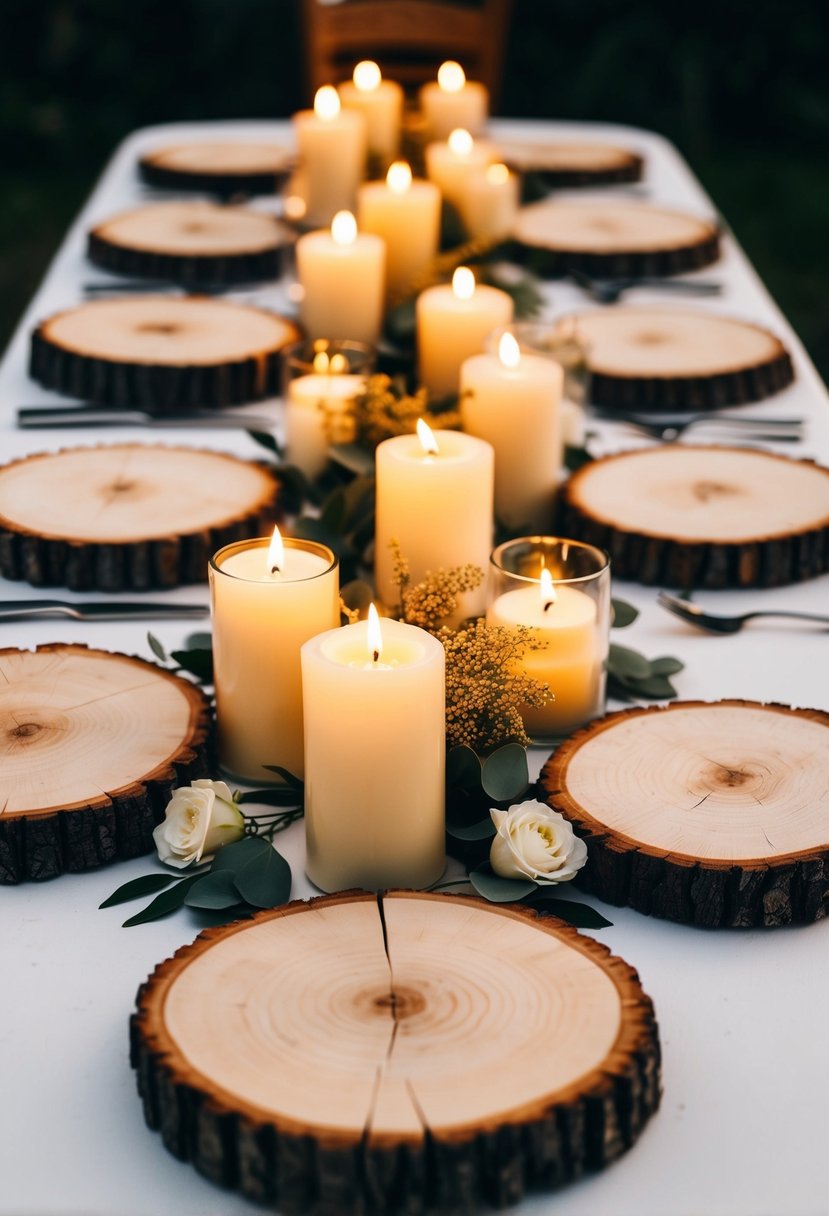 Wooden slices with candles arranged as rustic wedding centerpieces