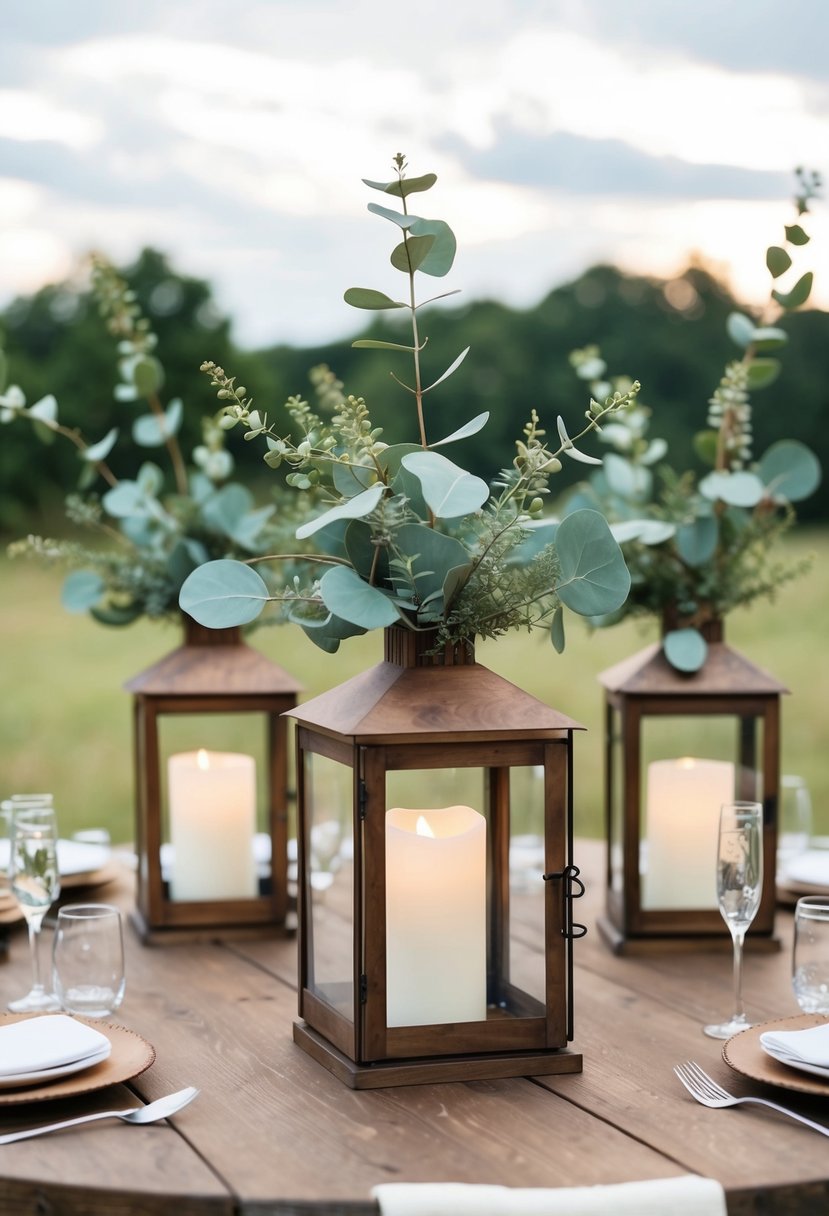 Rustic lanterns adorned with eucalyptus branches sit atop a wooden table, creating a charming wedding centerpiece