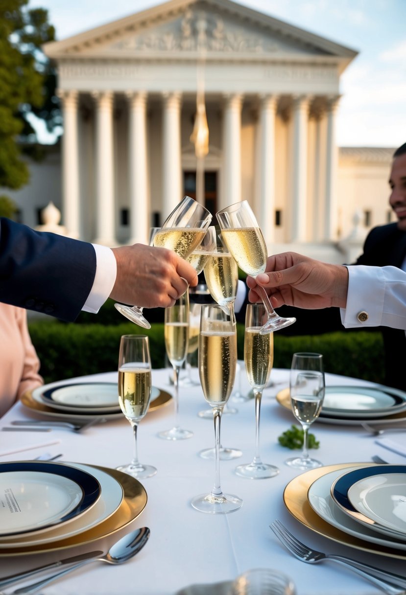 A dinner table set with champagne glasses and a toast in progress, with a courthouse in the background