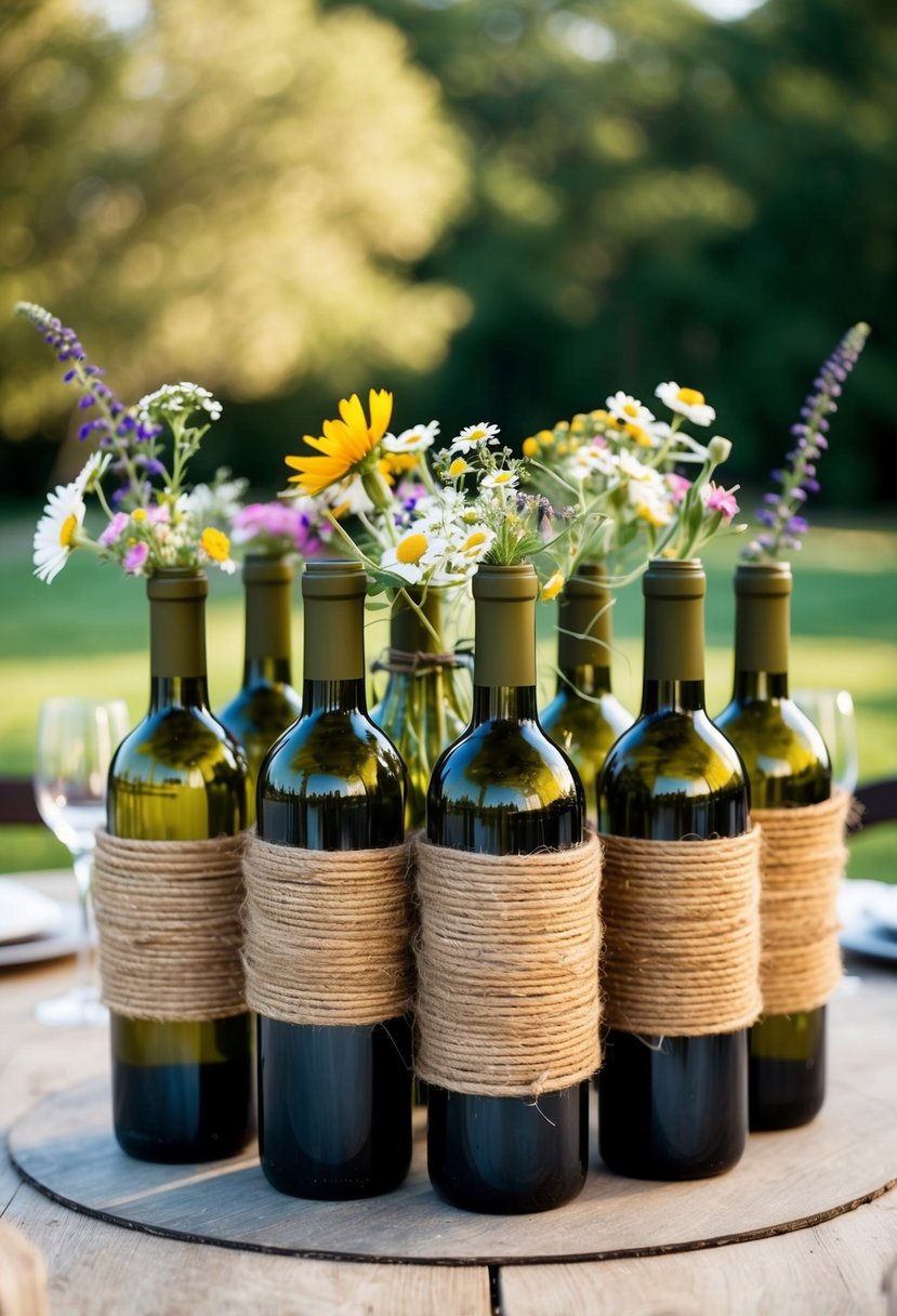 A cluster of wine bottles wrapped in twine and adorned with wildflowers, arranged as rustic wedding centerpieces