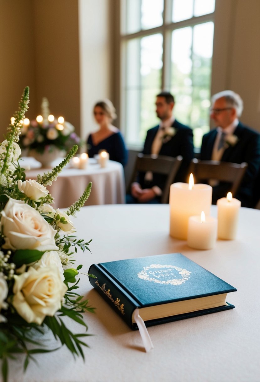 A small, elegant guest book sits on a table adorned with fresh flowers and soft candlelight, waiting for well wishes from attendees at a courthouse wedding