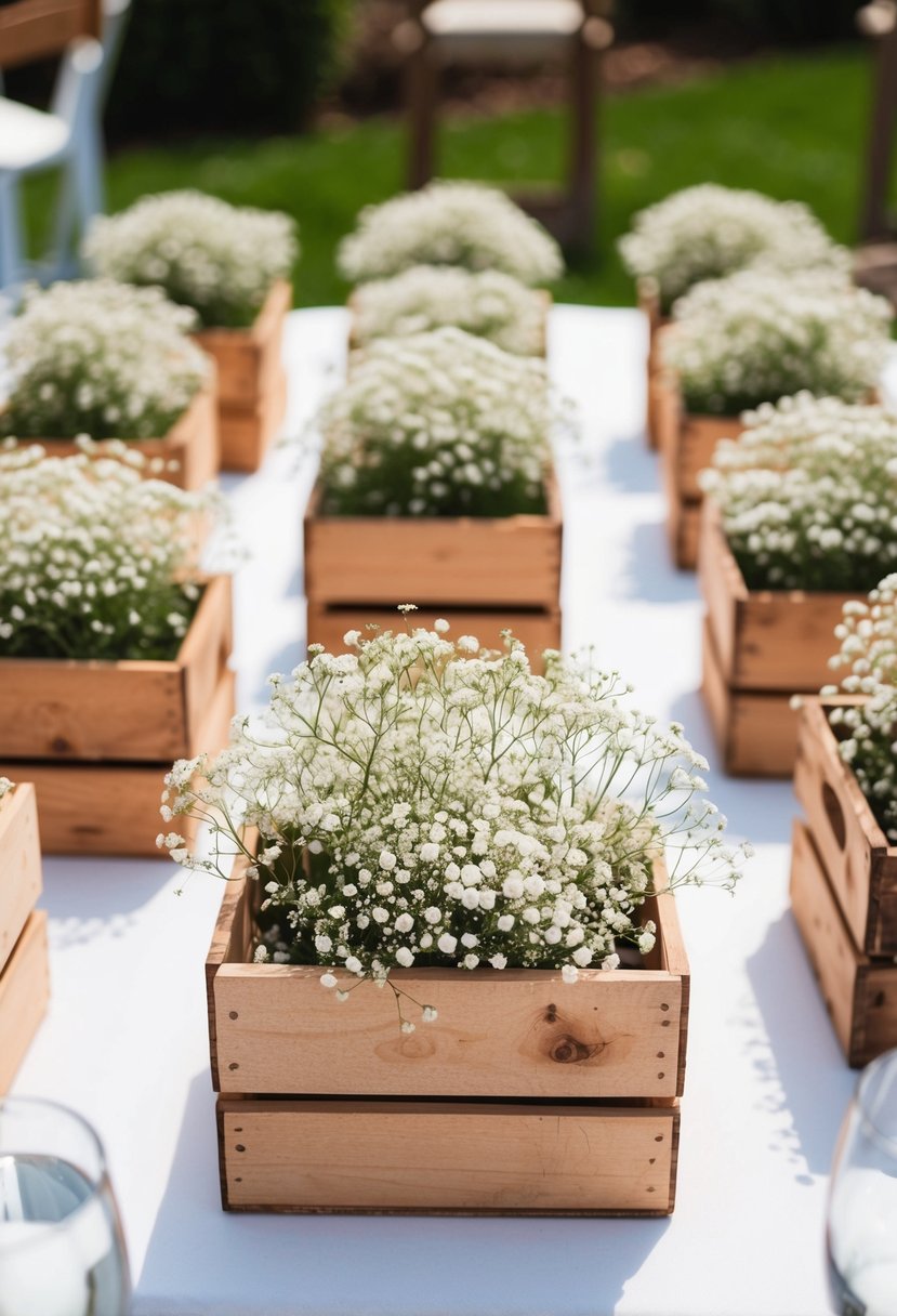 Wooden crates filled with delicate baby's breath, arranged as rustic wedding centerpieces