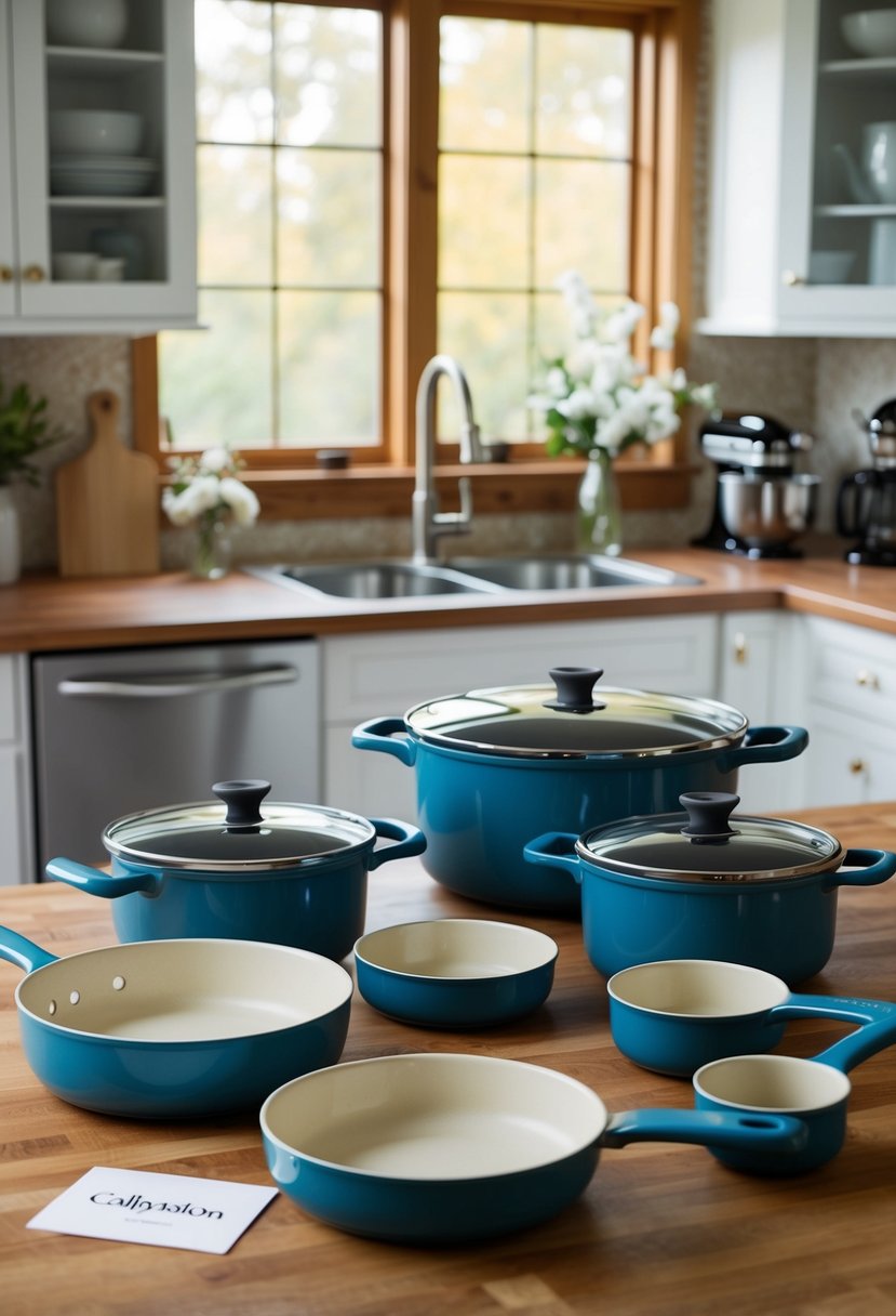 A set of Calphalon nonstick bakeware arranged on a kitchen counter, with a wedding registry card nearby