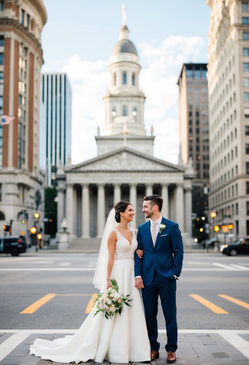 A bride and groom stand in front of a historic courthouse, surrounded by iconic city landmarks for a unique wedding photoshoot