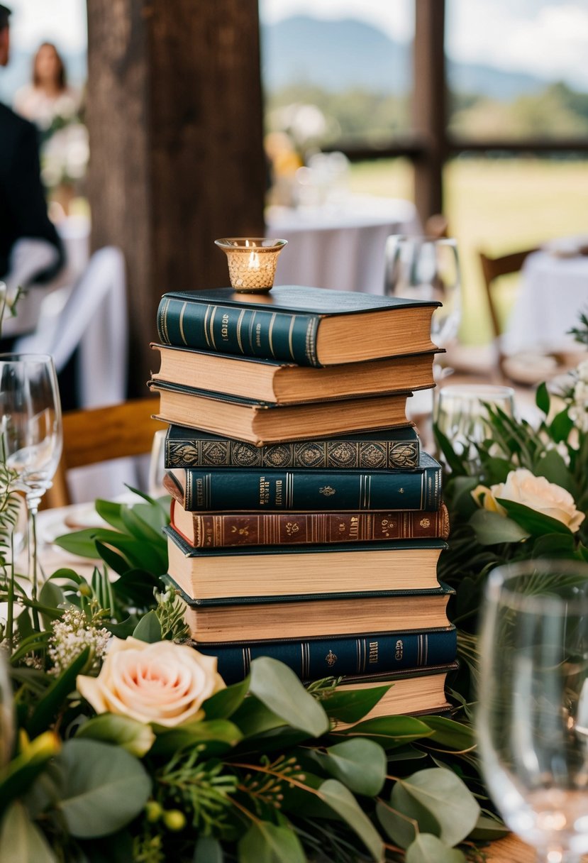 A stack of vintage books surrounded by greenery and rustic elements, serving as a wedding centerpiece