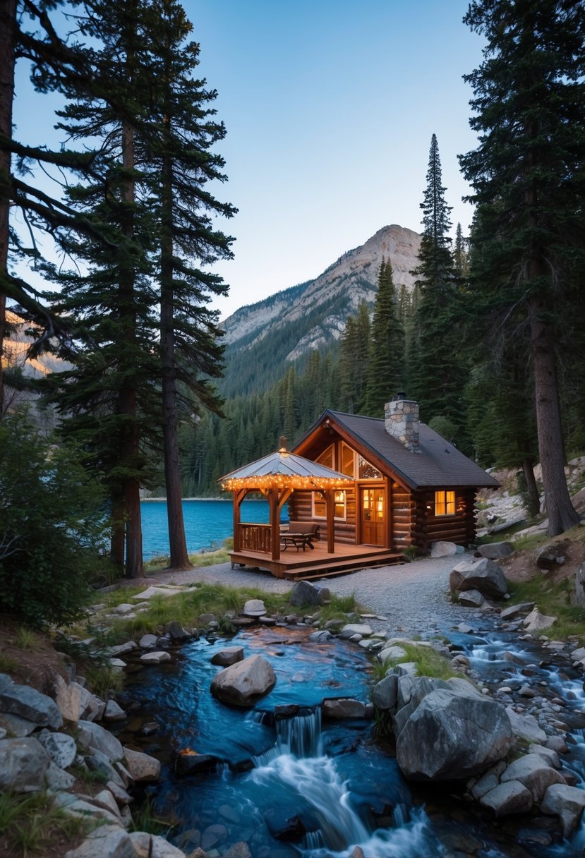 A cozy cabin nestled in the mountains, surrounded by tall pine trees and a bubbling stream. A small wooden gazebo adorned with twinkling lights, overlooking a serene lake