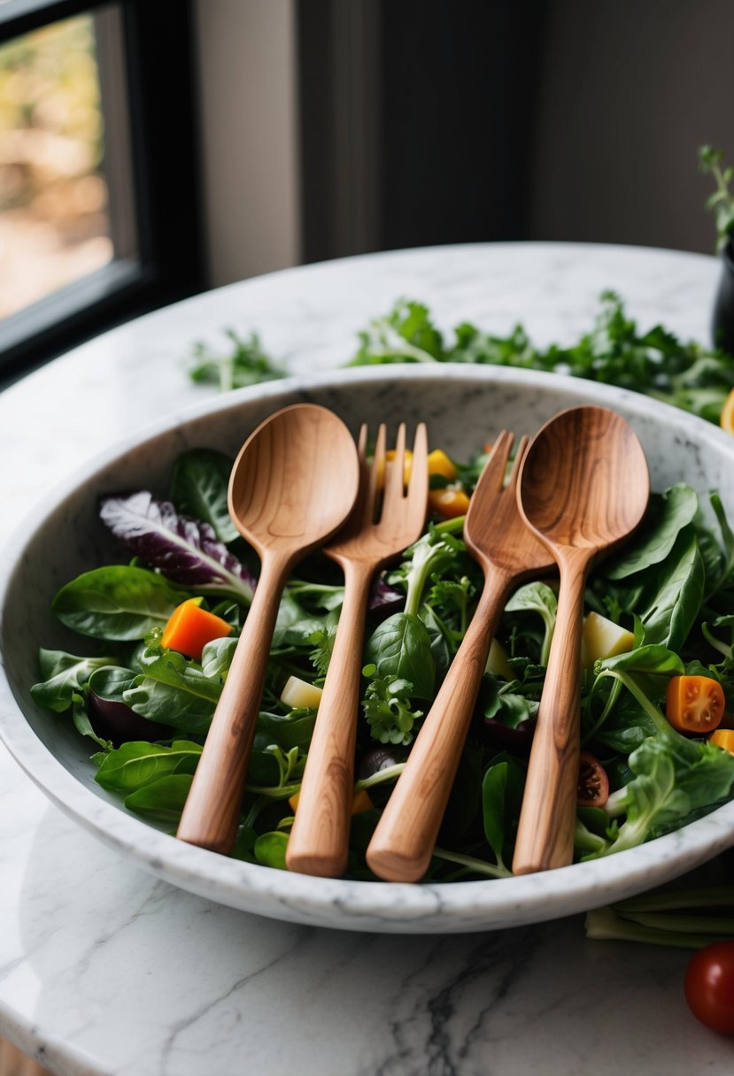 A set of olivewood salad servers resting on a marble serving dish, surrounded by fresh greens and colorful vegetables