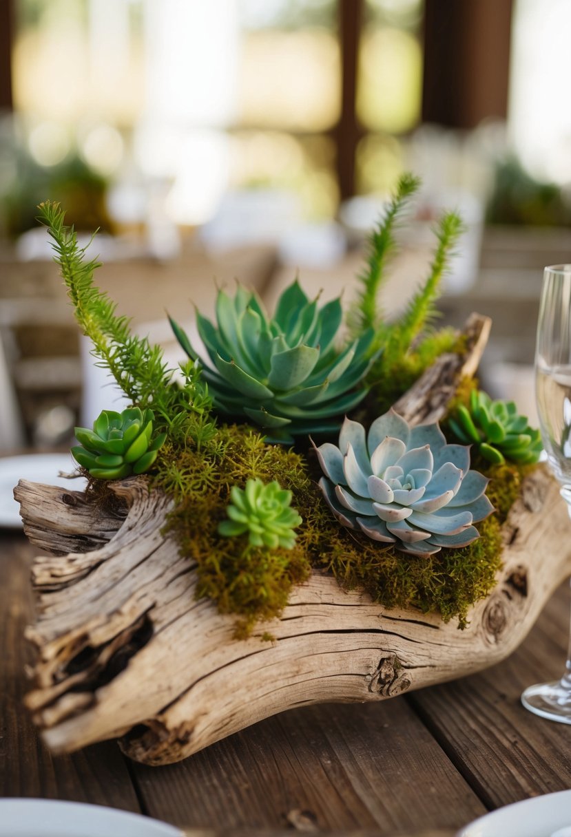 A weathered piece of driftwood adorned with various succulents and moss, serving as a rustic wedding centerpiece