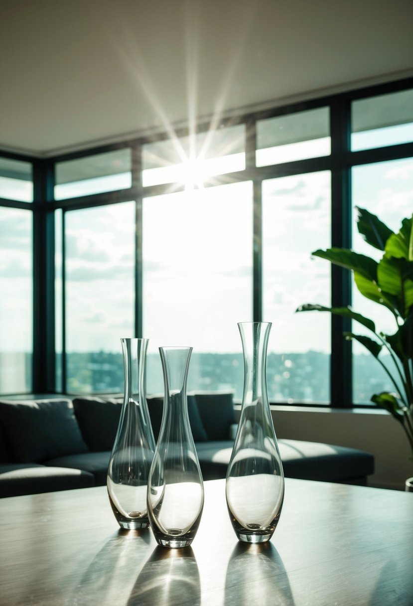 A modern living room with sunlight streaming through a window, showcasing a set of sleek glass vases on a wooden table