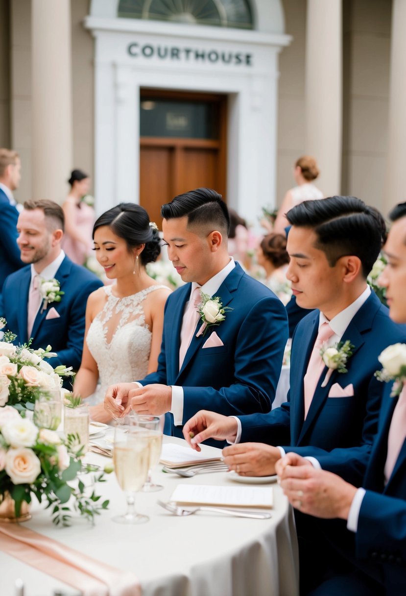 Guests receive personalized corsages and boutonnieres at a courthouse wedding. Tables are adorned with delicate floral arrangements and elegant ribbons