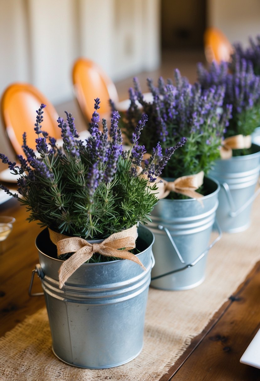 Galvanized buckets filled with fresh lavender and tied with burlap ribbon, arranged on a wooden table for a rustic wedding centerpiece