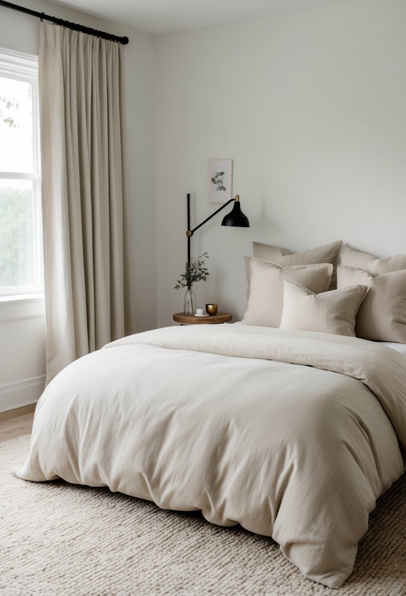 A cozy bedroom with a neatly made bed featuring a Pottery Barn Organic Duvet Cover in a soft, neutral color. The room is filled with natural light and adorned with simple, elegant decor