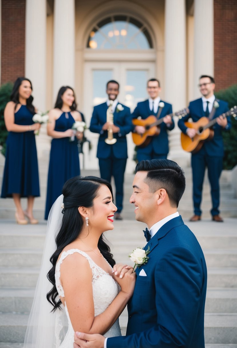 A couple exchanges vows in a courthouse with a live band playing romantic music in the background