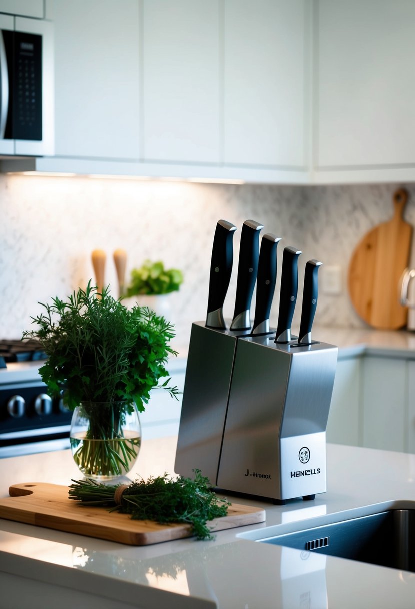 A sleek, modern kitchen countertop with a J.A. Henckels knife block set displayed next to a bouquet of fresh herbs and a cutting board