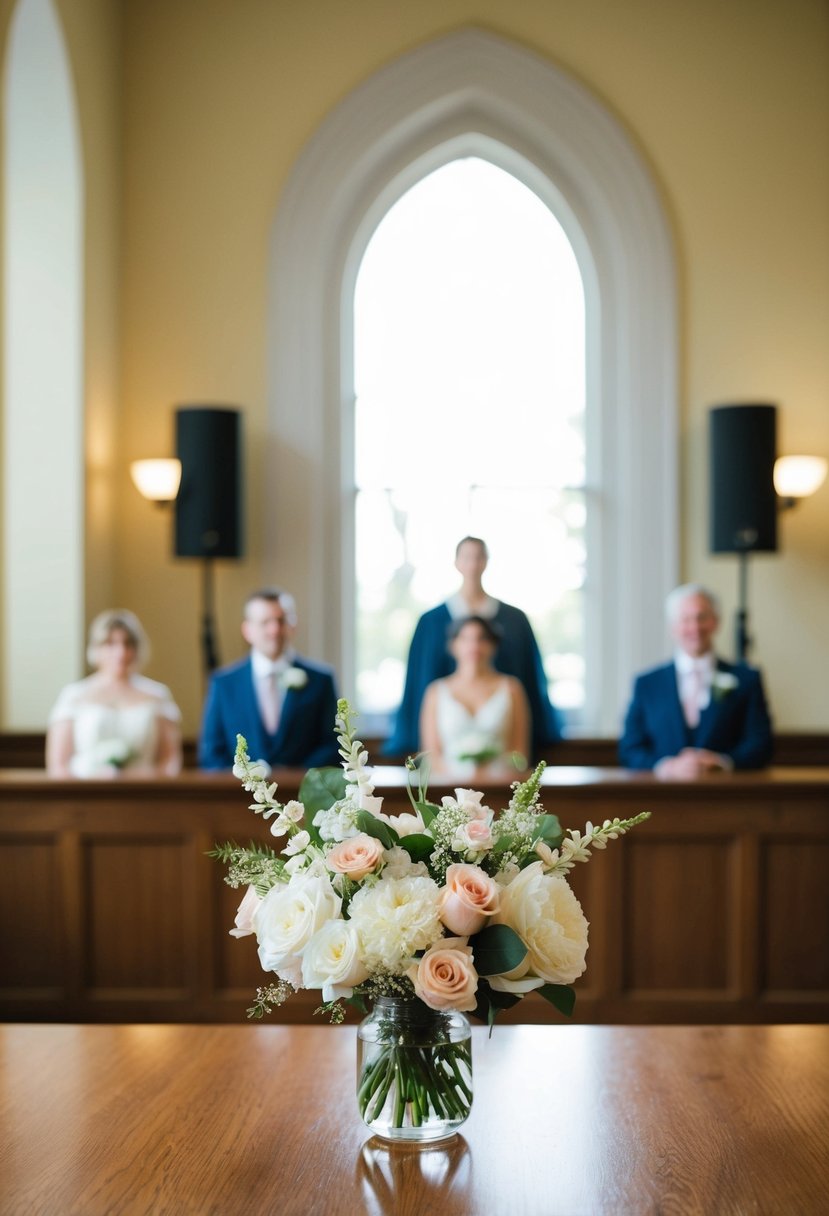 A small, intimate courthouse wedding with elegant flowers and simple decor