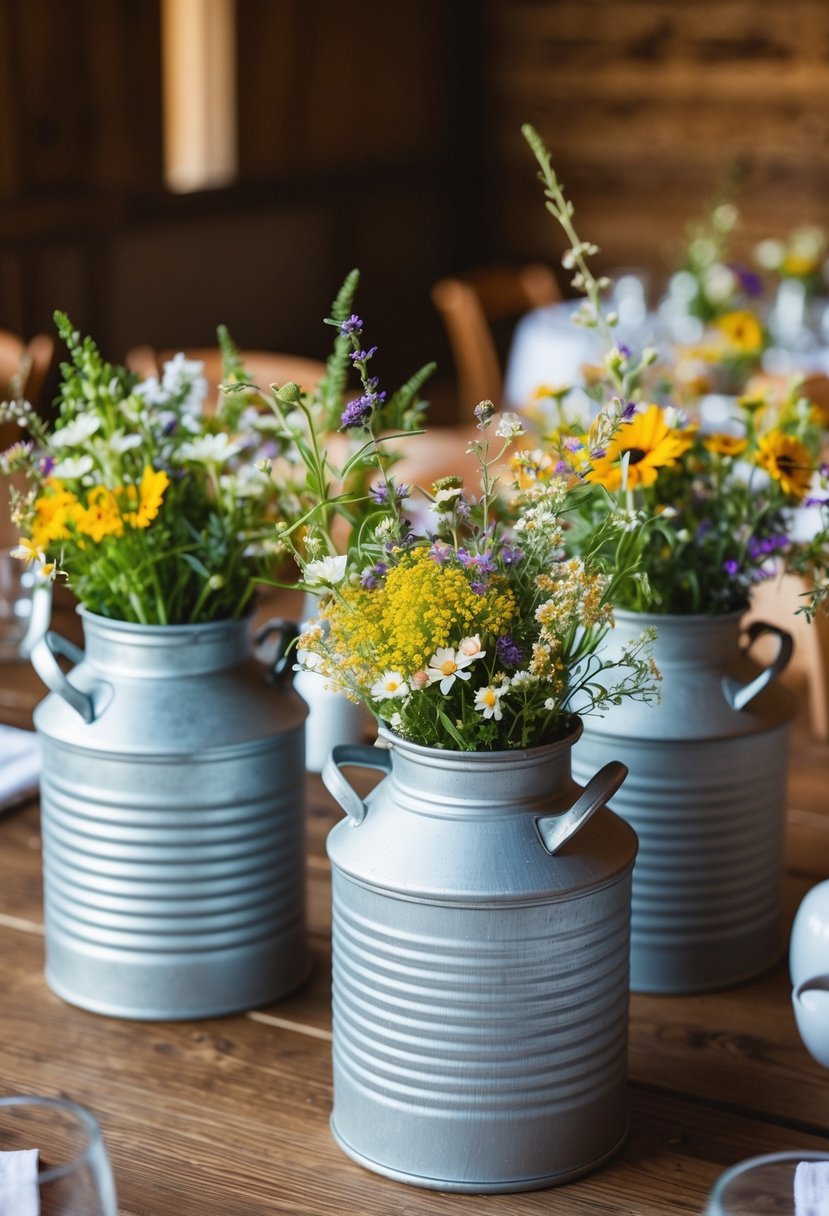 Rustic milk cans filled with wildflowers, set on a wooden table for a wedding centerpiece