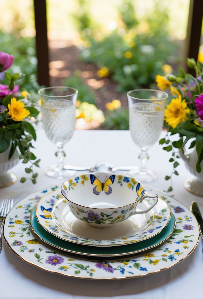 A beautifully set dining table with a complete Lenox Butterfly Meadow dinnerware set, featuring delicate floral patterns and vibrant colors