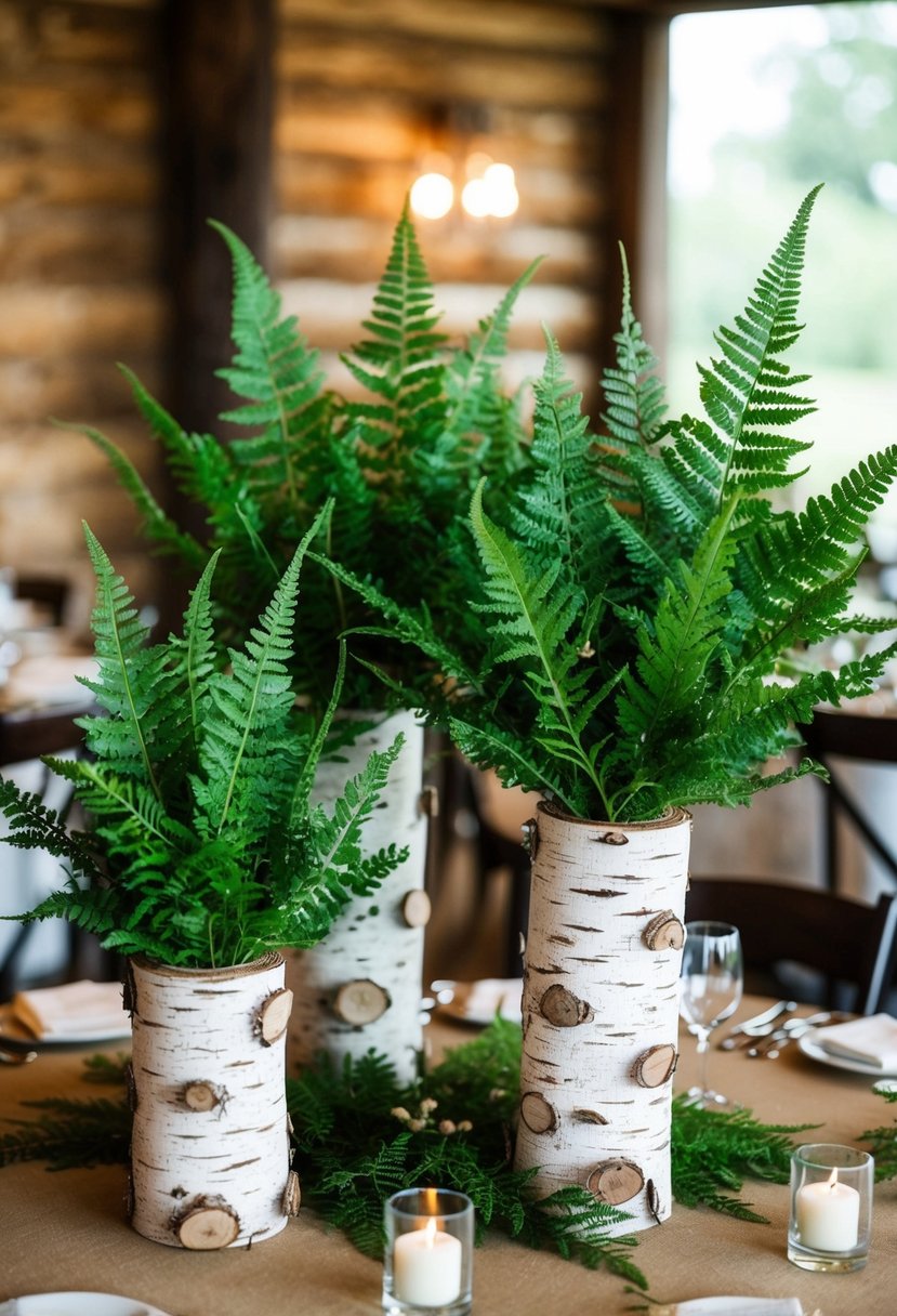 Birch log vases filled with lush ferns, arranged as rustic wedding centerpieces