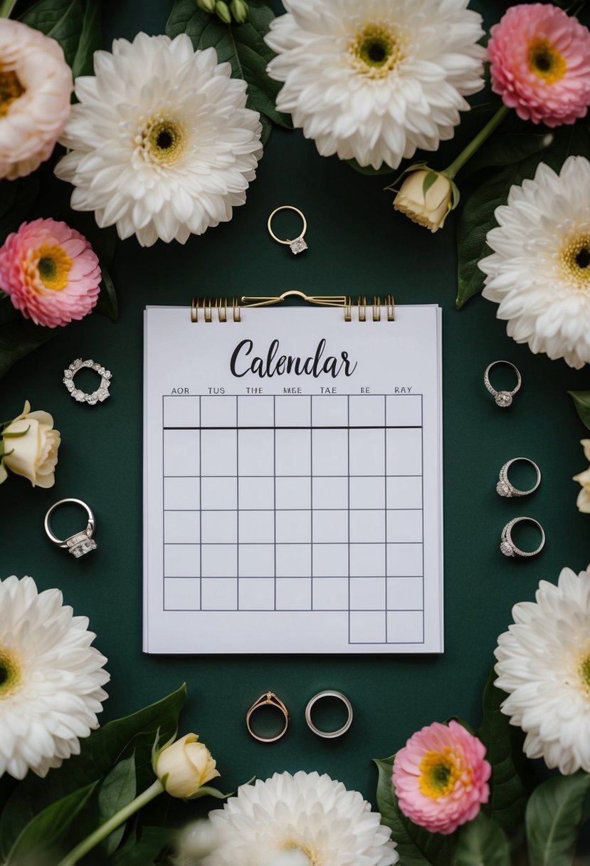 A calendar with a circle around the chosen date, surrounded by flowers and a pair of wedding rings