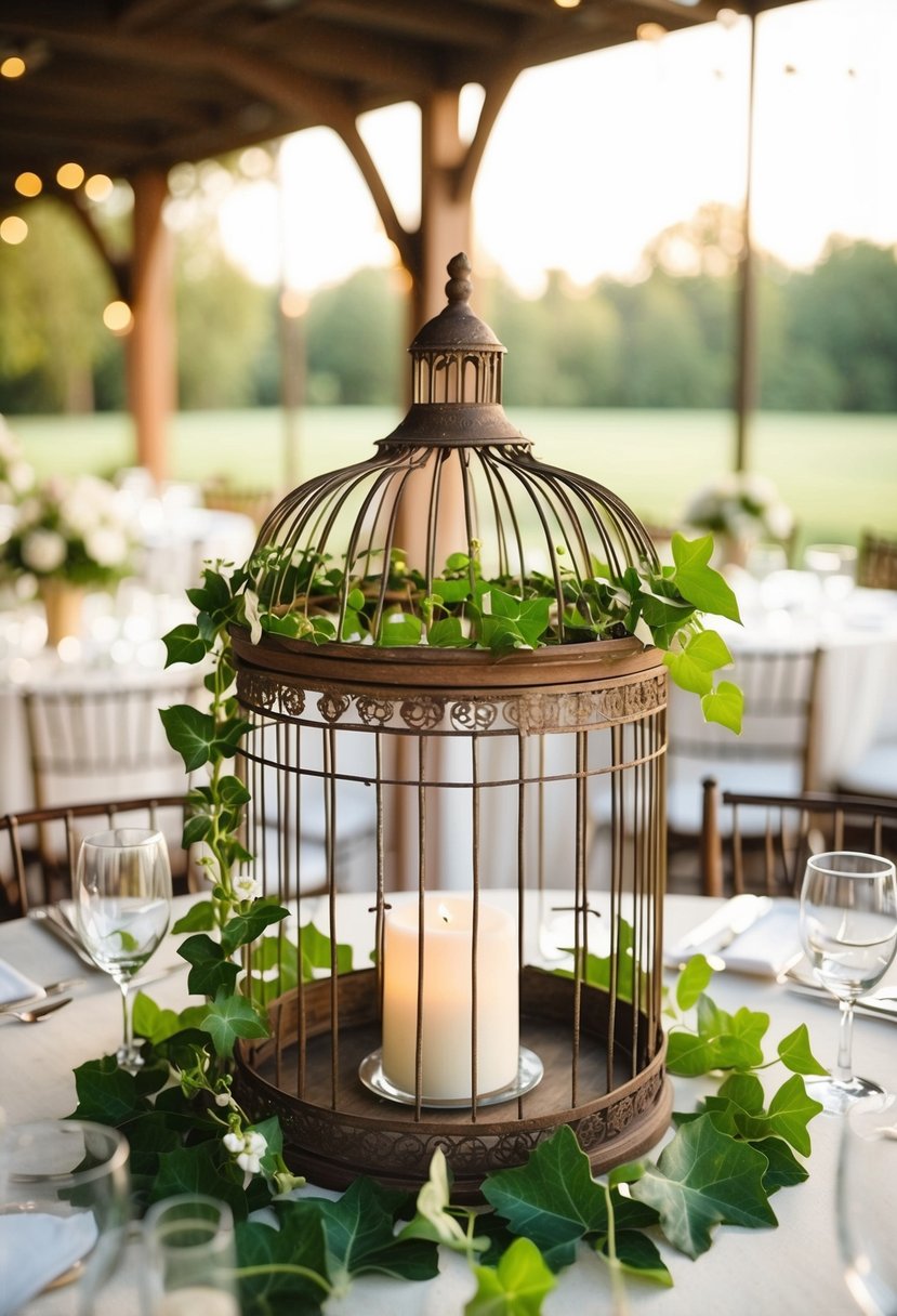 An antique birdcage adorned with ivy serves as a rustic wedding centerpiece