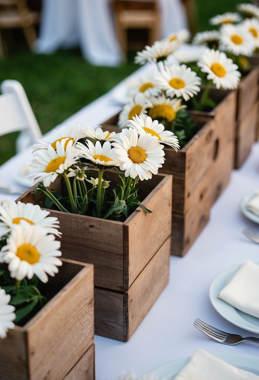 Rustic wooden boxes filled with daisies arranged as wedding centerpieces