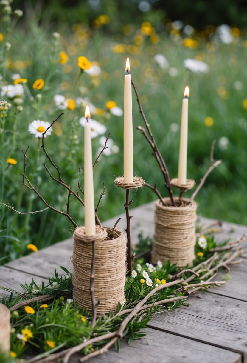 A wooden table adorned with twigs and twine candle holders, surrounded by wildflowers and greenery