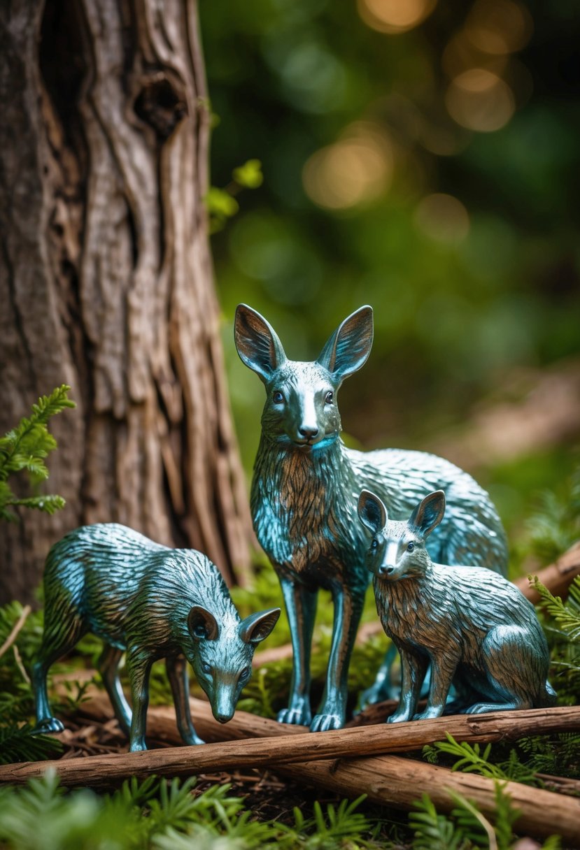 Metallic-accented woodland animals surrounded by rustic wood and greenery