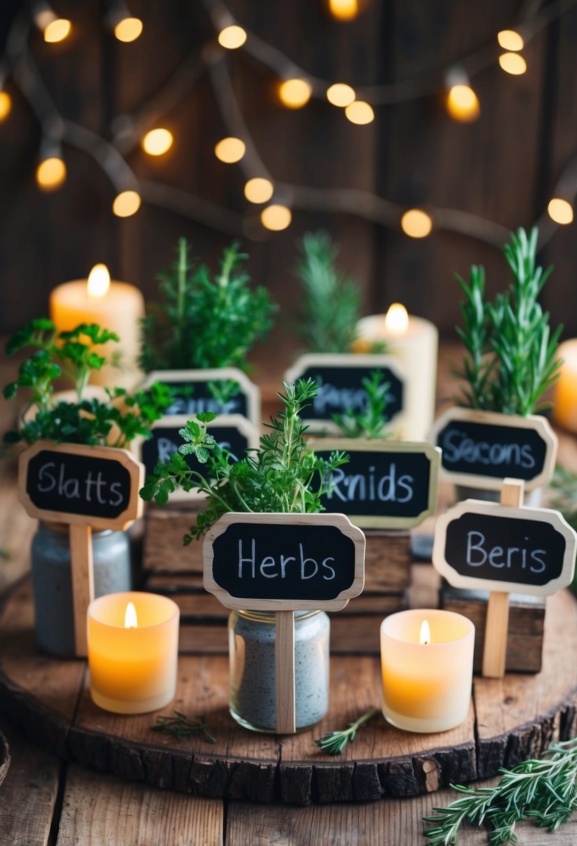 Mini chalkboard signs with herbs arranged on a wooden table, surrounded by rustic decor and soft candlelight