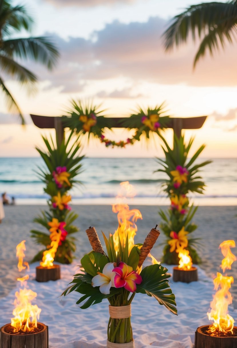 A beach luau wedding with tiki torches, tropical flowers, and a sunset backdrop