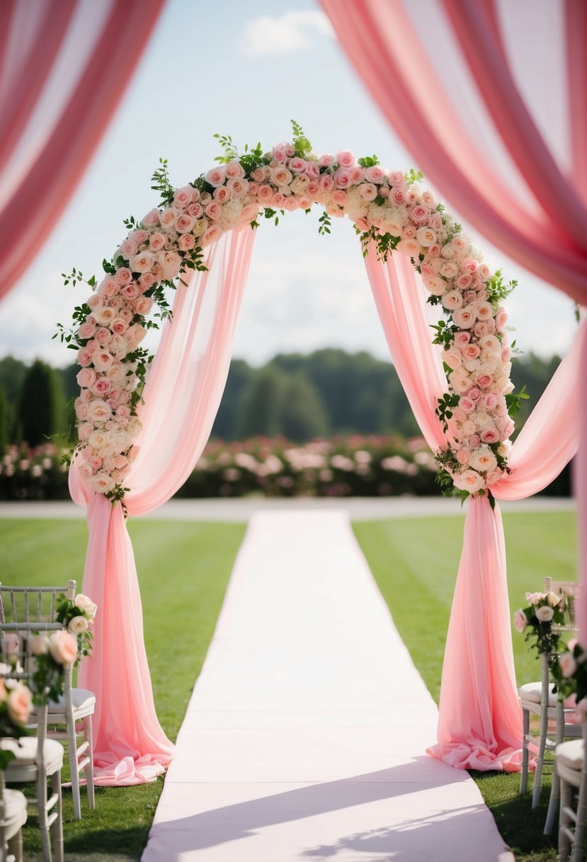 A pink wedding arch adorned with roses and draped fabric