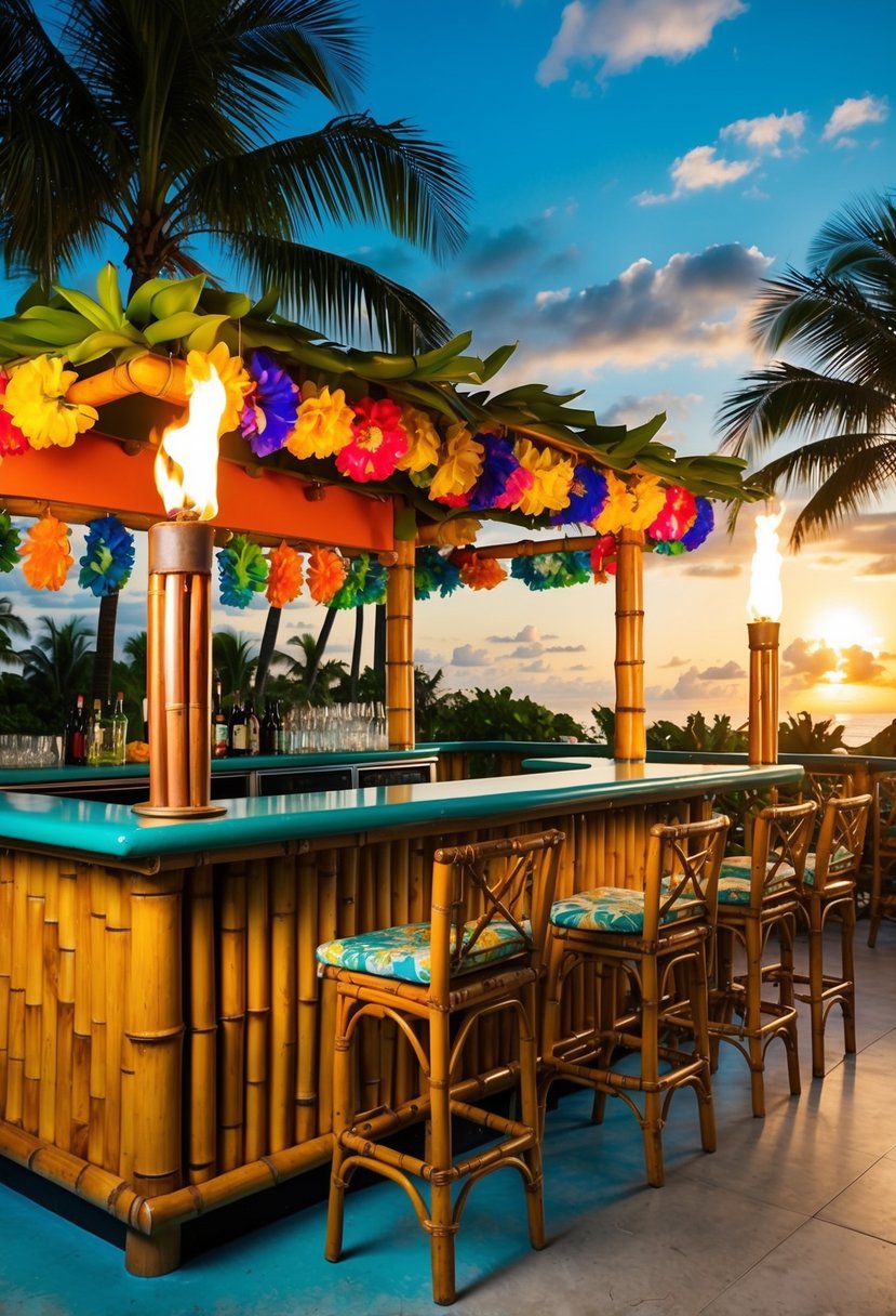 A vibrant tiki-themed bar with tropical decor, bamboo furniture, tiki torches, and colorful leis, set against a backdrop of palm trees and a setting sun